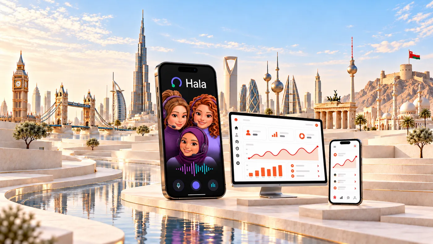 Khaas Hub on a monitor, Hala on a phone and an app beside them, against the skylines of the Gulf, London and Berlin